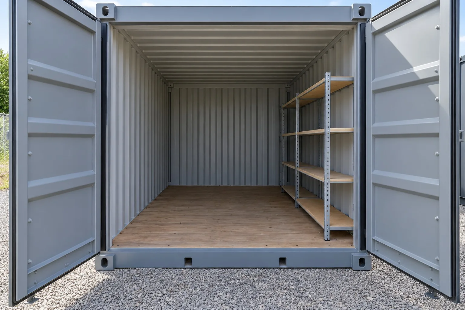 Geöffneter Lagercontainer mit freiem Innenraum und leerem Regal